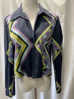 Finity Studio Womens Size 10 Silk Blend Geometric Print Crop Jacket Blazer Top